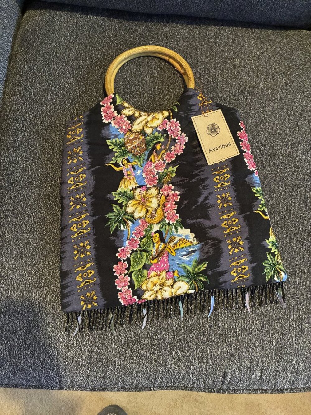 MYSTIQUE Hawaiin Inspried Handbag with Bamboo handles and Beaded Fringe
